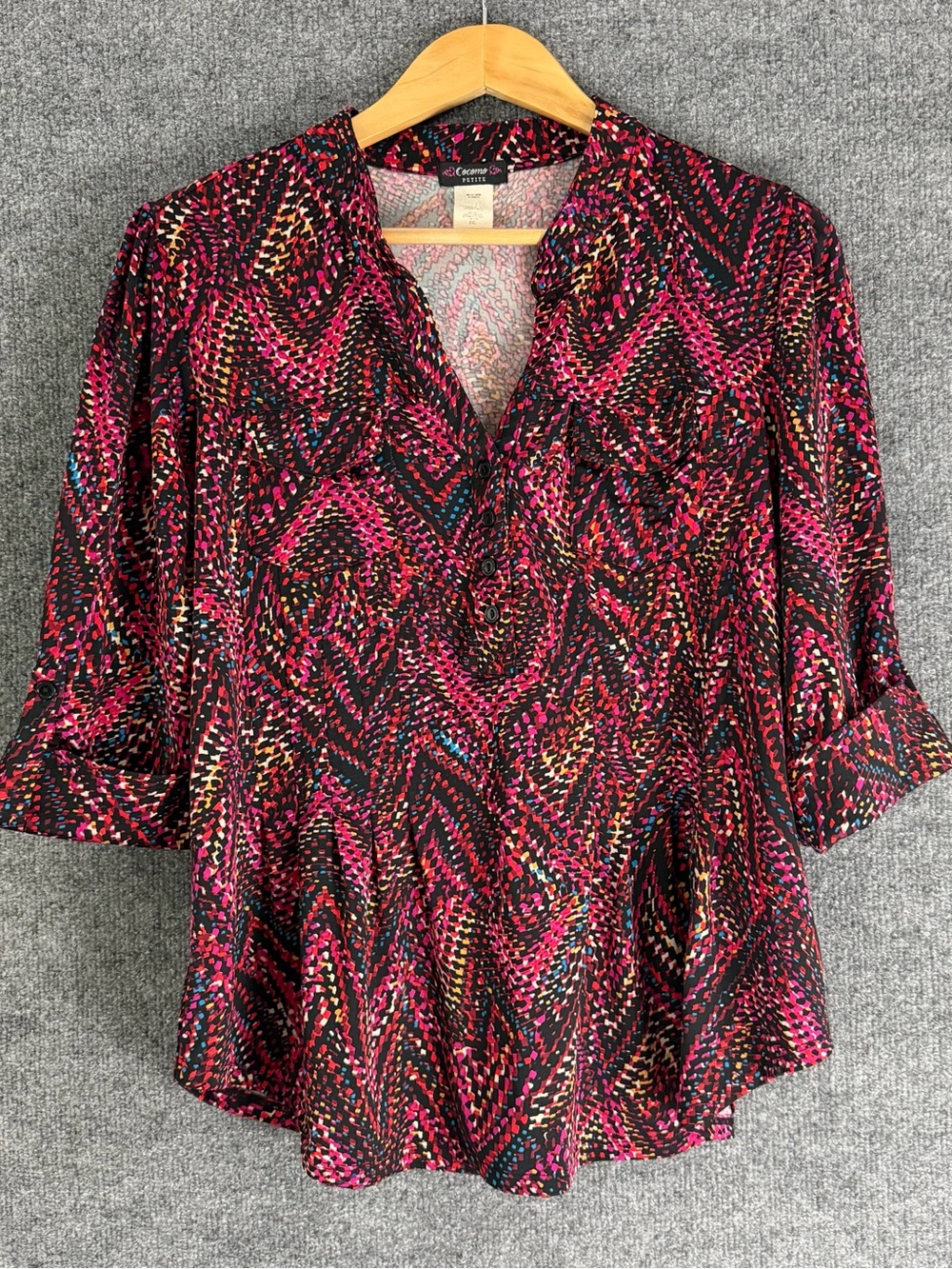 Cocomo Womens 3/4 Sleeve Multicolor Pattered Top Size Petite XL Office Stretch